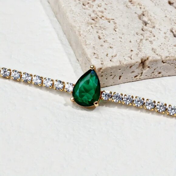 14K Gold Womens 2ct Green Emerald Teardrop Gemstone 1ct Diamond Tennis Bracelet - Picture 3 of 6